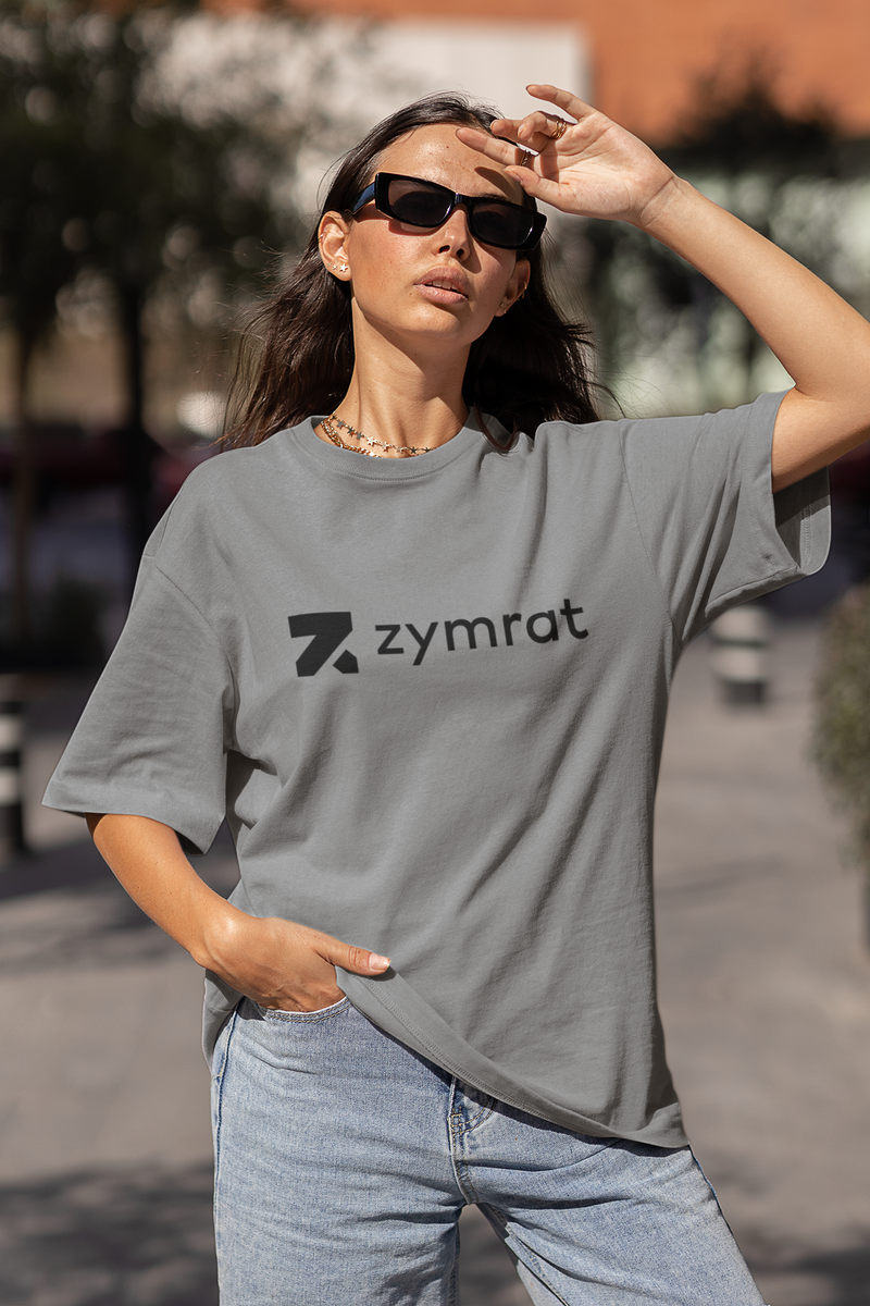 Zymrat Graphic Printed Oversized Ribbed Neckline Mid Grey Tshirt