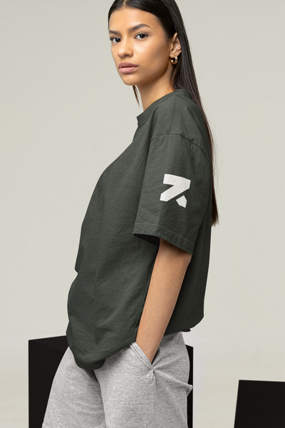 Zymrat Sleeve Printed Oversized Ribbed Neckline Olive Tshirt