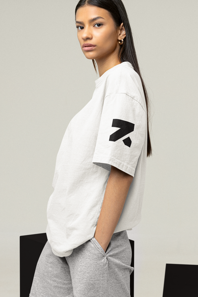 Zymrat Sleeve Printed Oversized Ribbed Neckline White Tshirt