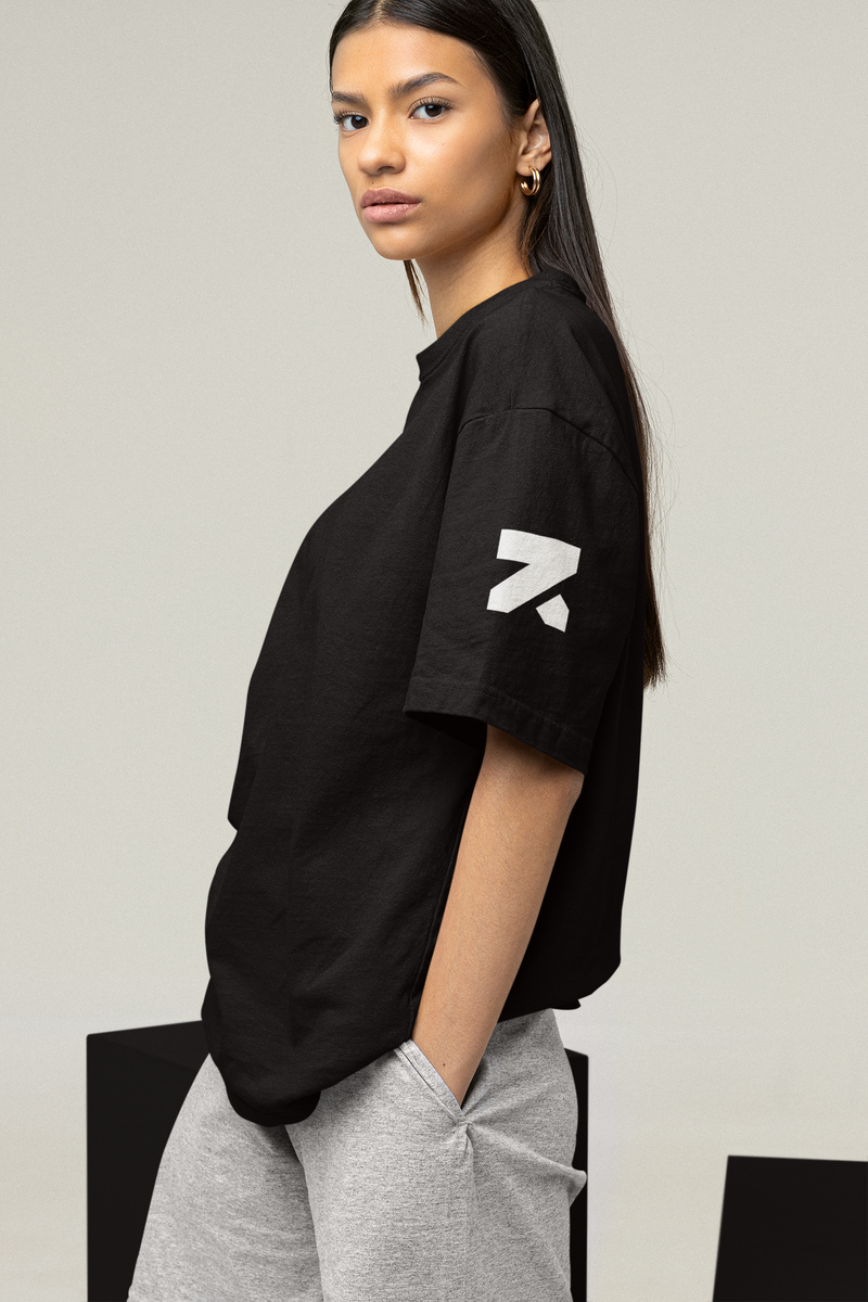 Zymrat Sleeve Printed Oversized Ribbed Neckline Black Tshirt