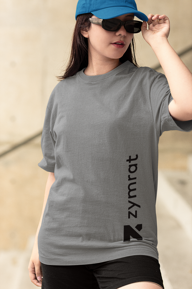 Zymrat Vertical Print Oversized Ribbed Neckline Mid Grey Tshirt