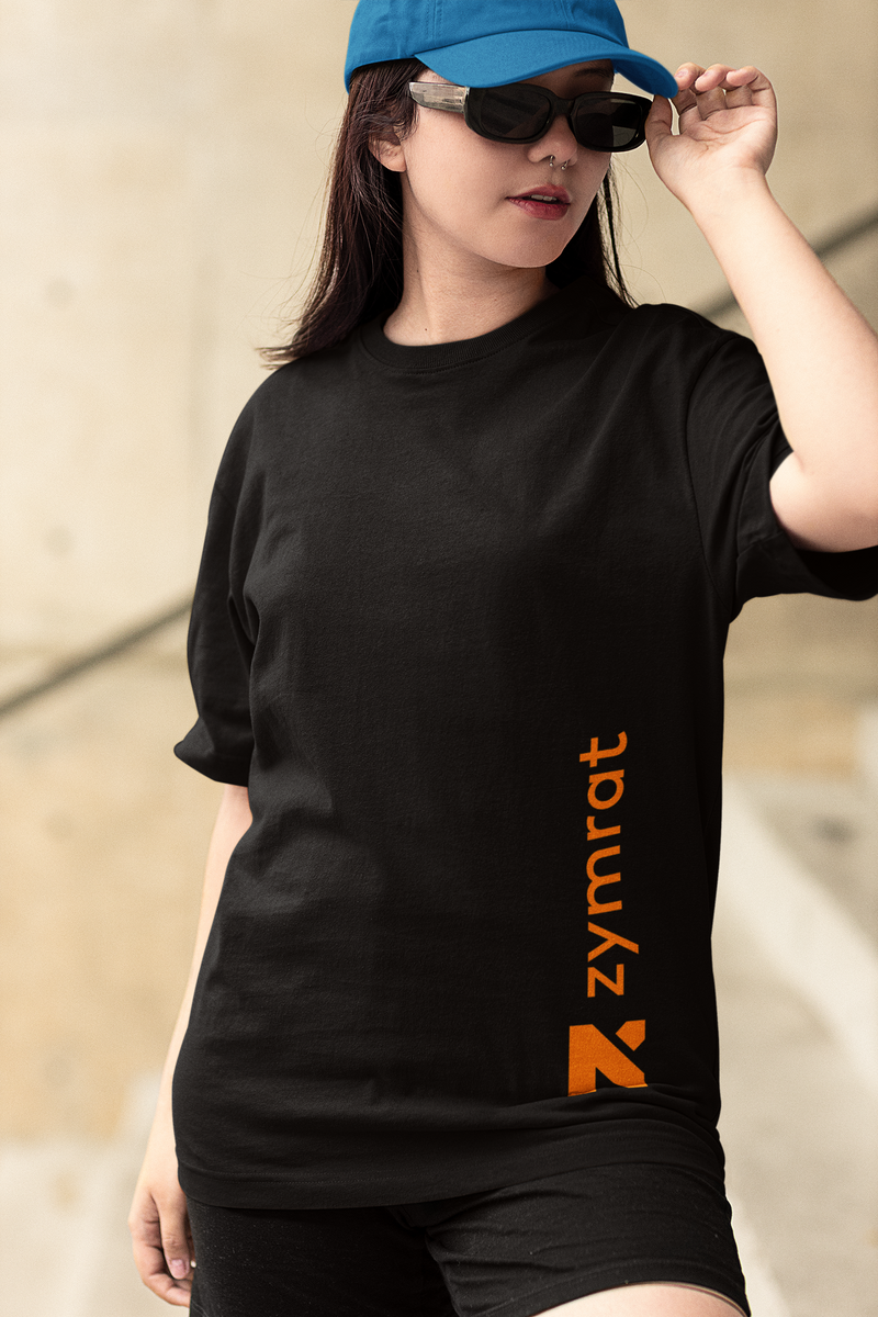 Zymrat Vertical Print Oversized Ribbed Neckline Black Tshirt